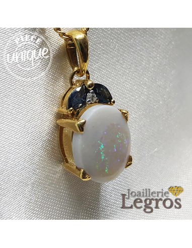 Opale Pendentif en or jaune 18 carats saphirs et diamants Amélioration de cerveau avec