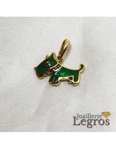 Pendentif Chien Scottish Terrier laqué vert en or jaune 18 carats ou a consommer sur place