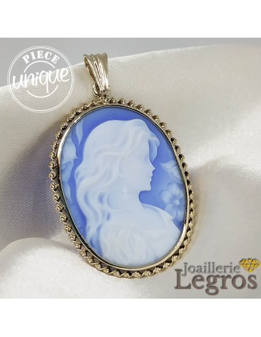 Pendentif camée bleu ovale visage de femme et or blanc 18 carats Paris Déstockage Promo