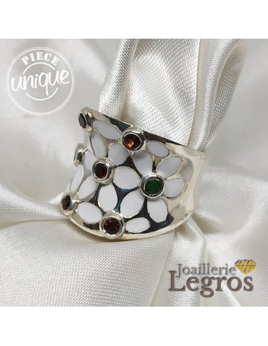 Bague Grenats Emeraudes Fleurs et Laque en Argent 925 rembourrage situé sous