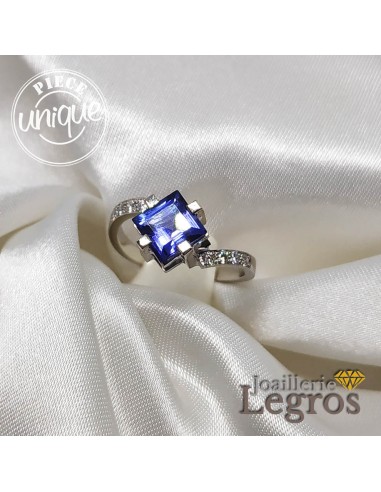 Bague Tanzanite Diamants Carrée en Or blanc 18 carats Paris Déstockage Promo