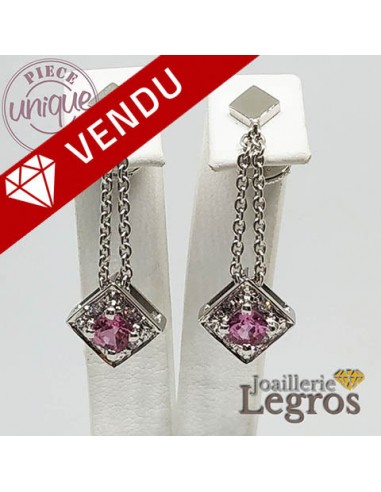 Boucles d'oreilles Saphirs Roses 8 diamants 0,01 ct en or blanc 18 carats Livraison rapide