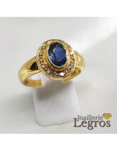 Bague Saphir bleu or jaune 18 carats et ses 15 diamants "Bleu profond" le concept de la Pate a emporter 