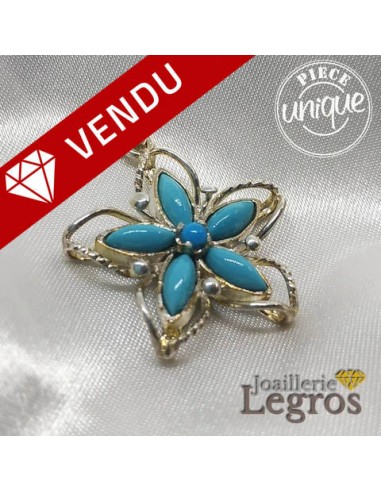 Pendentif Fleur 6 Turquoises en argent 925 le des métaux précieux