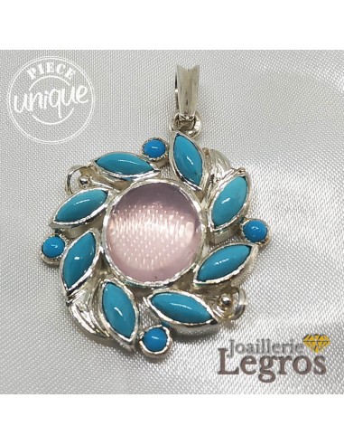 Pendentif Quartz rose et Turquoises original en argent 925 vente chaude votre 