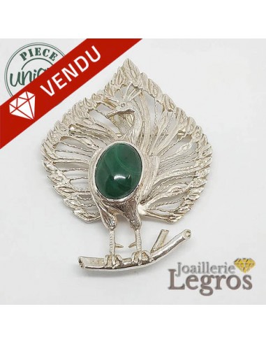 Pendentif / Broche Paon en malachite Argent 925 Livraison rapide