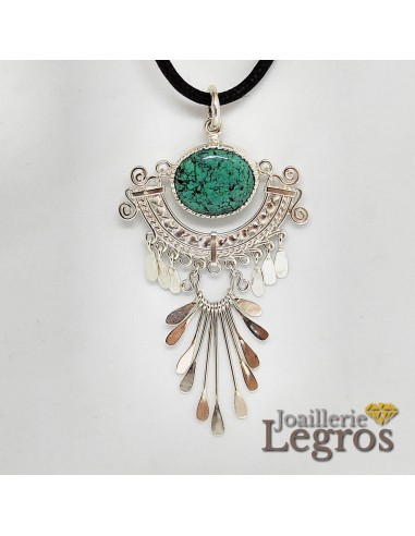 Pendentif Esprit Inca avec turquoise ou malachite ovale en argent 925 soldes