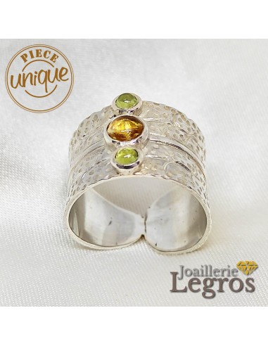 Bague feuille argent 925 avec 2 péridots et 1 citrine Pour