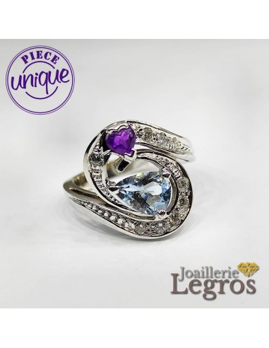 Bague aigue marine améthyste diamants en or gris 18 carats de France