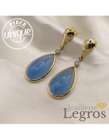 Boucles d'oreilles aigue marine or jaune 18 carats et ses 2 diamants france