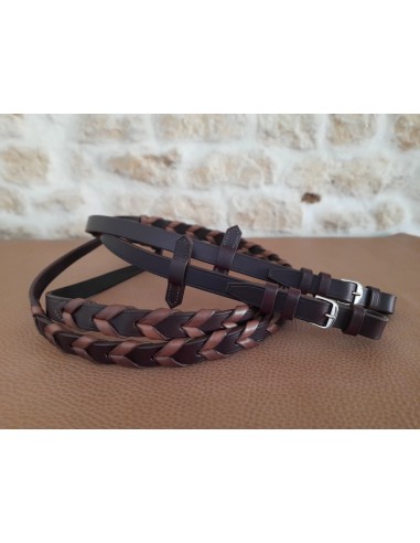 Pair of dark brown plaited reins de votre